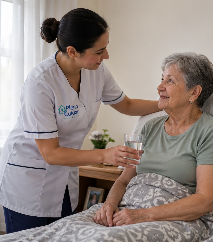 Enfermeira da Pleno Cuidar Saúde prestando atendimento domiciliar a paciente idosa em Ourinhos